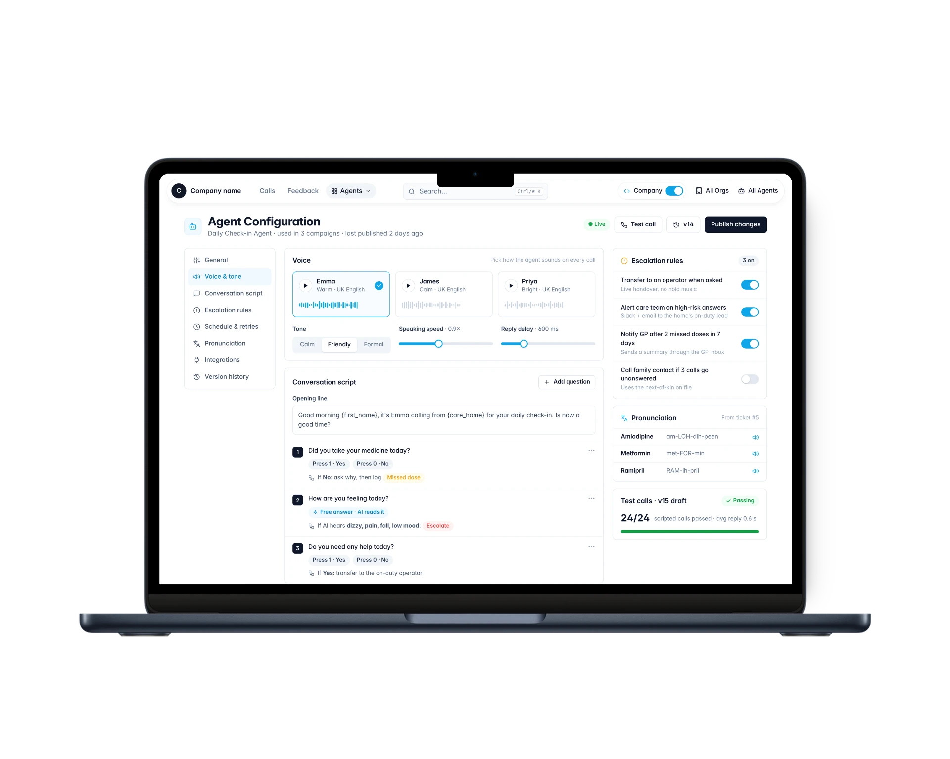 AI voice platform agent configuration and conversation script