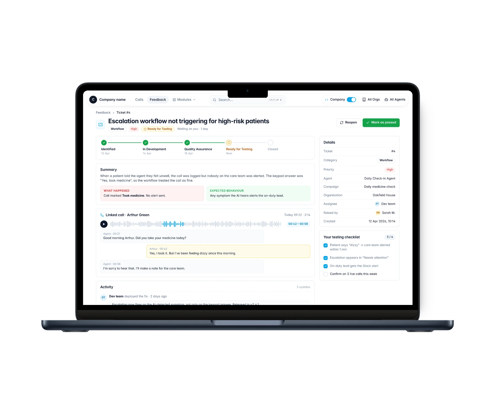 AI voice platform ticket summary and testing checklist