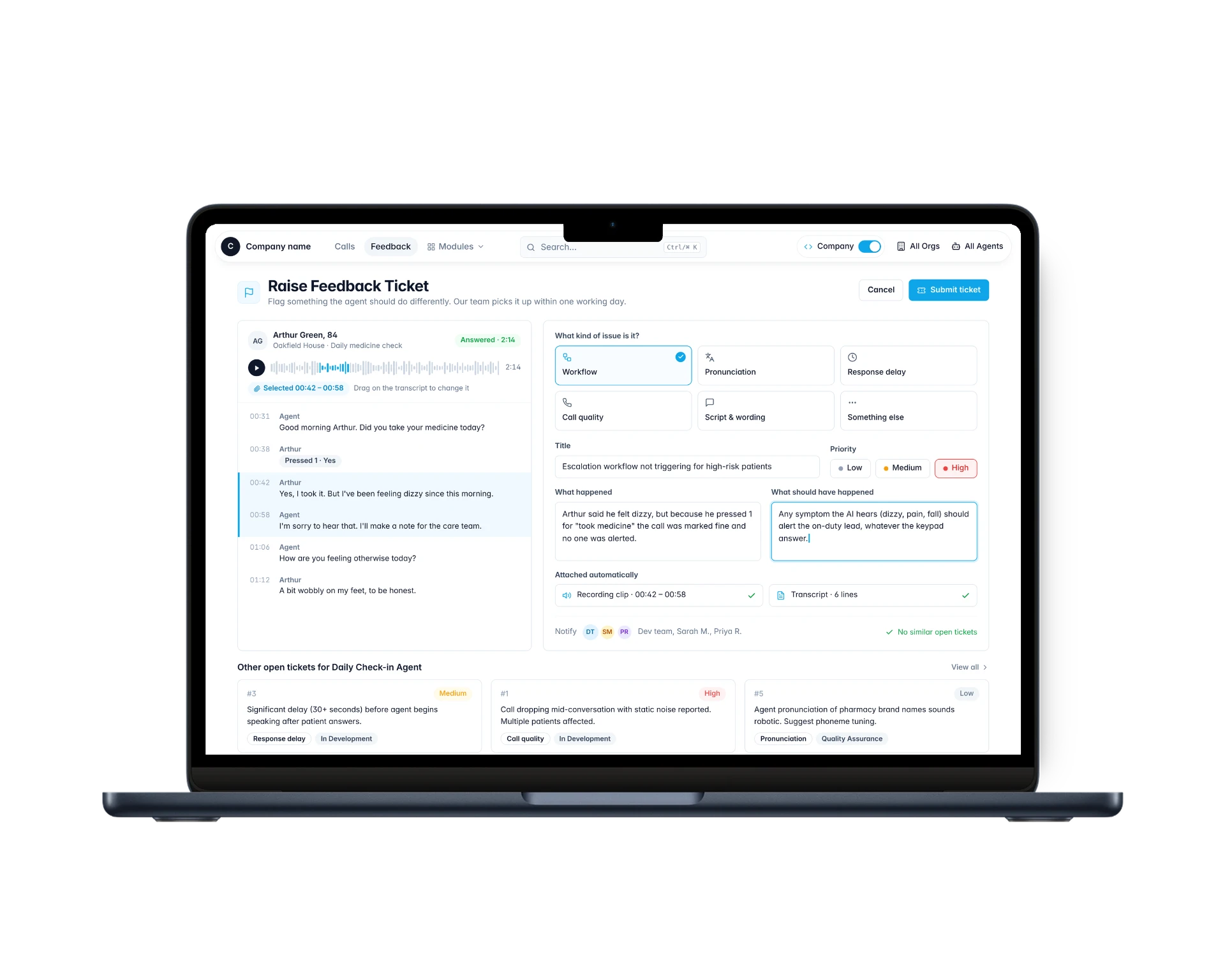 AI voice platform raise feedback ticket screen