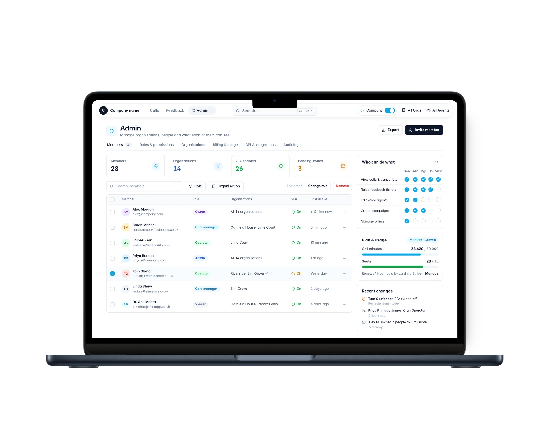 AI voice platform admin members and permissions